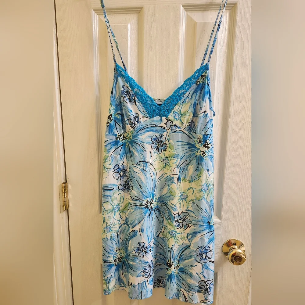 Floral Slip Dress Chemise Nightgown Aqua Blue Lace Trim Size Large